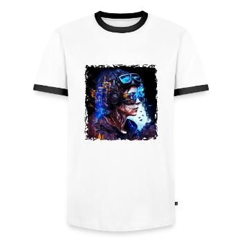 High-tech pilot in the cyber war of the future - Men's Ringer Shirt - white/black - Front - AI Model Female 172 light (172cm) & AI Model Male 178 dark (178cm)