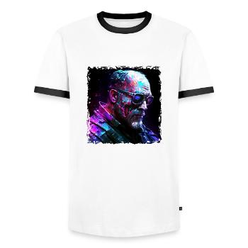 Old high-tech cyborg or android in neon light - Men's Ringer Shirt - white/black - Front - AI Model Female 172 light (172cm) & AI Model Male 178 dark (178cm)