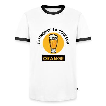 annonce couleur orange biere binouse mousse chope - T-shirt contrasté Homme - blanc/noir - Devant - AI Model Female 172 light (172cm) & AI Model Male 178 dark (178cm)