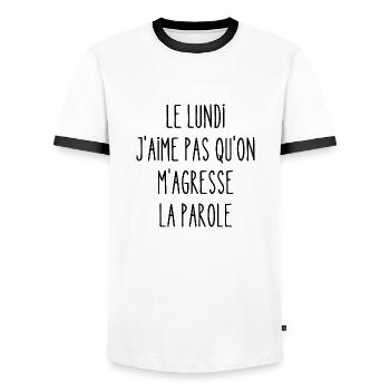 le lundi j'aime pas qu'on m'agresse la parole - T-shirt contrasté Homme - blanc/noir - Devant - AI Model Female 172 light (172cm) & AI Model Male 178 dark (178cm)
