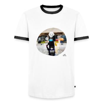 I see faces - I see faces '5 - Men's Ringer Shirt - white/black - Front - AI Model Female 172 light (172cm) & AI Model Male 178 dark (178cm)