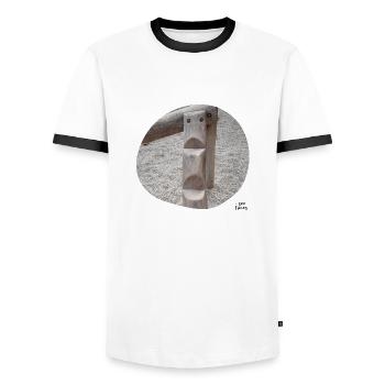I see faces - I see faces '7 - Men's Ringer Shirt - white/black - Front - AI Model Female 172 light (172cm) & AI Model Male 178 dark (178cm)