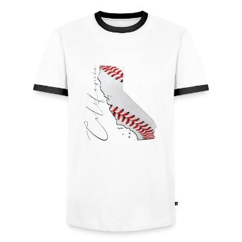 California (USA) | real baseball | Map Sct - Men's Ringer Shirt - white/black - Front - AI Model Female 172 light (172cm) & AI Model Male 178 dark (178cm)