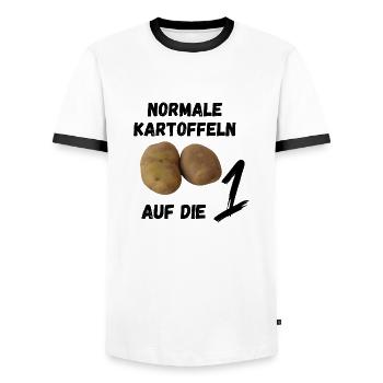 Regular potatoes on the 1 | Football Meme EM - Men's Ringer Shirt - white/black - Front - AI Model Female 172 light (172cm) & AI Model Male 178 dark (178cm)