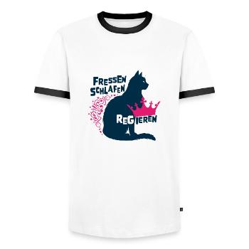 Royal Cat - Eating, Sleeping, Reigning - Men's Ringer Shirt - white/black - Front - AI Model Female 172 light (172cm) & AI Model Male 178 dark (178cm)