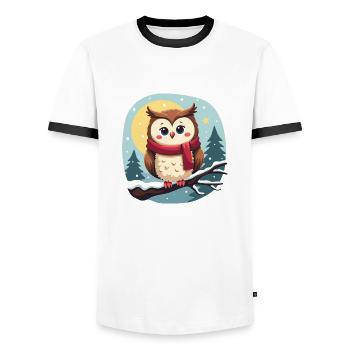 Hibou en hiver – mystique et charmant - T-shirt contrasté Homme - blanc/noir - Devant - AI Model Female 172 light (172cm) & AI Model Male 178 dark (178cm)