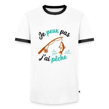 I can't I have Pêche bl - Männer Kontrast-T-Shirt - Weiß/Schwarz - Vorne - AI Model Female 172 light (172cm) & AI Model Male 178 dark (178cm)