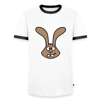 Lapin regarde, plisse les yeux, grimace, drôle, sourire idiot - T-shirt contrasté Homme - blanc/noir - Devant - AI Model Female 172 light (172cm) & AI Model Male 178 dark (178cm)