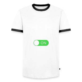 Skiing Mode On - Ski - Skiing - Directions - Men's Ringer Shirt - white/black - Front - AI Model Female 172 light (172cm) & AI Model Male 178 dark (178cm)