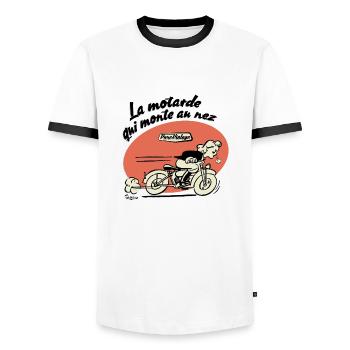 La motarde qui monte au nez - T-shirt contrasté Homme - blanc/noir - Devant - AI Model Female 172 light (172cm) & AI Model Male 178 dark (178cm)
