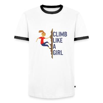 Canyoning Climb Like A Girl Girl Rock Climbing - Men's Ringer Shirt - white/black - Front - AI Model Female 172 light (172cm) & AI Model Male 178 dark (178cm)