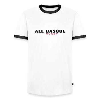 ALL BASKEN Rugby v1 (2c) - Männer Kontrast-T-Shirt - Weiß/Schwarz - Vorne - AI Model Female 172 light (172cm) & AI Model Male 178 dark (178cm)
