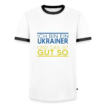 UKRAINE "Ukrainer" slava ukraini - Männer Kontrast-T-Shirt - Weiß/Schwarz - Vorne - AI Model Female 172 light (172cm) & AI Model Male 178 dark (178cm)