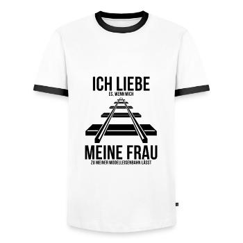 Spielen mit modeleisenbahn - Männer Kontrast-T-Shirt - Weiß/Schwarz - Vorne - AI Model Female 172 light (172cm) & AI Model Male 178 dark (178cm)