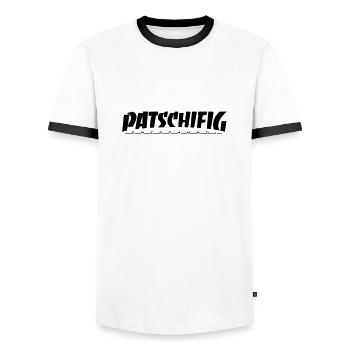 PATSCHIFIG - gemütlich please - Männer Kontrast-T-Shirt - Weiß/Schwarz - Vorne - AI Model Female 172 light (172cm) & AI Model Male 178 dark (178cm)