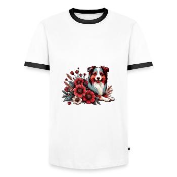 Berger australien Cottage Core Floral Merle - T-shirt contrasté Homme - blanc/noir - Devant - AI Model Female 172 light (172cm) & AI Model Male 178 dark (178cm)