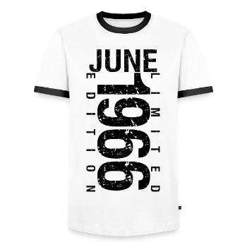 Birthday June 1966 June born in June 1966 - Men's Ringer Shirt - white/black - Front - AI Model Female 172 light (172cm) & AI Model Male 178 dark (178cm)