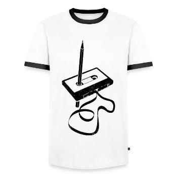 Cassette - Ribbon Wrap - Magnetic Tape - Men's Ringer Shirt - white/black - Front - AI Model Female 172 light (172cm) & AI Model Male 178 dark (178cm)