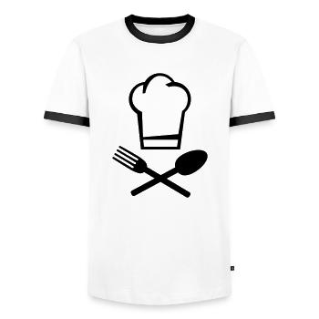 koch_muetze_besteck_f1 - Men's Ringer Shirt - white/black - Front - AI Model Female 172 light (172cm) & AI Model Male 178 dark (178cm)
