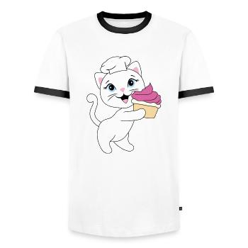 Cute white cat carries a cupcake - Men's Ringer Shirt - white/black - Front - AI Model Female 172 light (172cm) & AI Model Male 178 dark (178cm)
