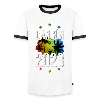 Cancun 2023 - T-shirt contrasté Homme - blanc/noir - Devant - AI Model Female 172 light (172cm) & AI Model Male 178 dark (178cm)