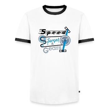 speed sweat n gears - 3 farb Vektor - Männer Kontrast-T-Shirt - Weiß/Schwarz - Vorne - AI Model Female 172 light (172cm) & AI Model Male 178 dark (178cm)
