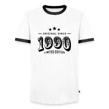 Original since 1990 - Männer Kontrast-T-Shirt - Weiß/Schwarz - Vorne - AI Model Female 172 light (172cm) & AI Model Male 178 dark (178cm)