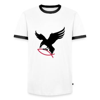 Rabe mit Fisch 01 (C2) - Männer Kontrast-T-Shirt - Weiß/Schwarz - Vorne - AI Model Female 172 light (172cm) & AI Model Male 178 dark (178cm)