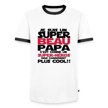 c'est comme un super-héros(beau papa) - T-shirt contrasté Homme - blanc/noir - Devant - AI Model Female 172 light (172cm) & AI Model Male 178 dark (178cm)