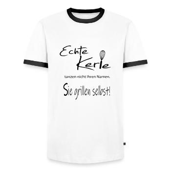 Echte Kerle tanzen nicht Ihren Namen. Sie grillen - Männer Kontrast-T-Shirt - Weiß/Schwarz - Vorne - AI Model Female 172 light (172cm) & AI Model Male 178 dark (178cm)