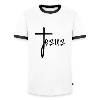 jesus cross christ christ catholic evangelical - Men's Ringer Shirt - white/black - Front - AI Model Female 172 light (172cm) & AI Model Male 178 dark (178cm)
