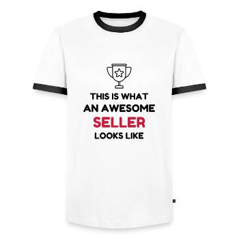 Anbieter / Verkäufer / Arbeit / Job - Männer Kontrast-T-Shirt - Weiß/Schwarz - Vorne - AI Model Female 172 light (172cm) & AI Model Male 178 dark (178cm)