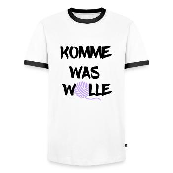 komme was Wolle - Männer Kontrast-T-Shirt - Weiß/Schwarz - Vorne - AI Model Female 172 light (172cm) & AI Model Male 178 dark (178cm)