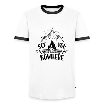 See you nowhere | Camping Natur Design - Männer Kontrast-T-Shirt - Weiß/Schwarz - Vorne - AI Model Female 172 light (172cm) & AI Model Male 178 dark (178cm)