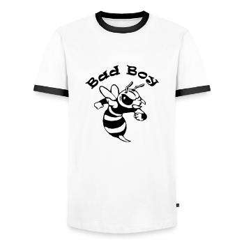 Spruch "Bad Boy" mit einer coolen Comicbiene - Männer Kontrast-T-Shirt - Weiß/Schwarz - Vorne - AI Model Female 172 light (172cm) & AI Model Male 178 dark (178cm)