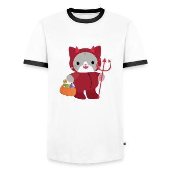 Chat d’Halloween Diable Rouge. Kawai - T-shirt contrasté Homme - blanc/noir - Devant - AI Model Female 172 light (172cm) & AI Model Male 178 dark (178cm)
