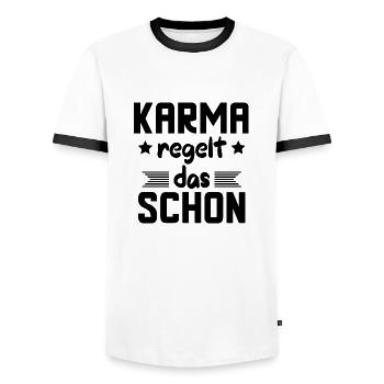 Karma regelt das schon - Männer Kontrast-T-Shirt - Weiß/Schwarz - Vorne - AI Model Female 172 light (172cm) & AI Model Male 178 dark (178cm)
