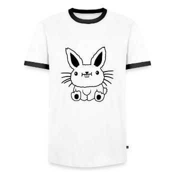 Small seated kawaii rabbit - Men's Ringer Shirt - white/black - Front - AI Model Female 172 light (172cm) & AI Model Male 178 dark (178cm)