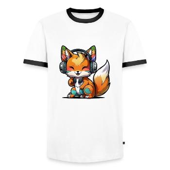 Kawaii Süßer Fröhlicher Bunter Fuchs mit Kopfhörern - Männer Kontrast-T-Shirt - Weiß/Schwarz - Vorne - AI Model Female 172 light (172cm) & AI Model Male 178 dark (178cm)