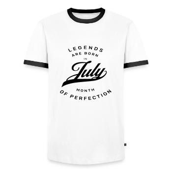 LEGENDE 2. JULI - Männer Kontrast-T-Shirt - Weiß/Schwarz - Vorne - AI Model Female 172 light (172cm) & AI Model Male 178 dark (178cm)