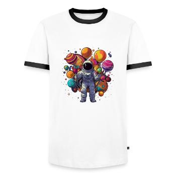 Astronaut with planet lollipops in hands - Men's Ringer Shirt - white/black - Front - AI Model Female 172 light (172cm) & AI Model Male 178 dark (178cm)