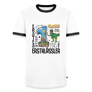 1st class Dino T-Rex - Men's Ringer Shirt - white/black - Front - AI Model Female 172 light (172cm) & AI Model Male 178 dark (178cm)