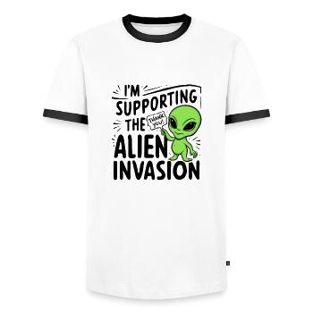 Alien Invasion - Humor - Männer Kontrast-T-Shirt - Weiß/Schwarz - Vorne - AI Model Female 172 light (172cm) & AI Model Male 178 dark (178cm)