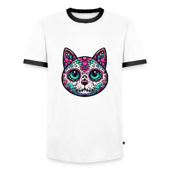 Bunte Katze Zuckerschädel - Männer Kontrast-T-Shirt - Weiß/Schwarz - Vorne - AI Model Female 172 light (172cm) & AI Model Male 178 dark (178cm)