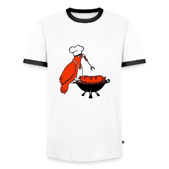 Bird grilling sausage grilling delicious eating sausages - Men's Ringer Shirt - white/black - Front - AI Model Female 172 light (172cm) & AI Model Male 178 dark (178cm)