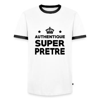 Prêtre / Pretre / Curé / Catho / Catholique - T-shirt contrasté Homme - blanc/noir - Devant - AI Model Female 172 light (172cm) & AI Model Male 178 dark (178cm)