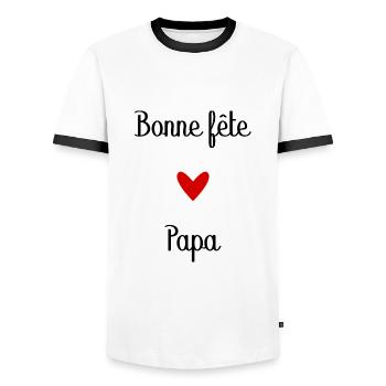 BONNE FÊTE PAPA. PAPA. FÊTE DES PÈRES. BONNE FÊTE - T-shirt contrasté Homme - blanc/noir - Devant - AI Model Female 172 light (172cm) & AI Model Male 178 dark (178cm)