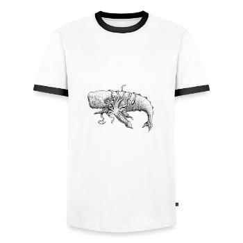 Pottwal und Riesenkalmar. Urlaubsshirt. - Männer Kontrast-T-Shirt - Weiß/Schwarz - Vorne - AI Model Female 172 light (172cm) & AI Model Male 178 dark (178cm)