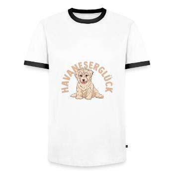 Chien Bichon Havanais - T-shirt contrasté Homme - blanc/noir - Devant - AI Model Female 172 light (172cm) & AI Model Male 178 dark (178cm)