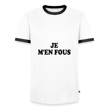 je m'en fous - T-shirt contrasté Homme - blanc/noir - Devant - AI Model Female 172 light (172cm) & AI Model Male 178 dark (178cm)